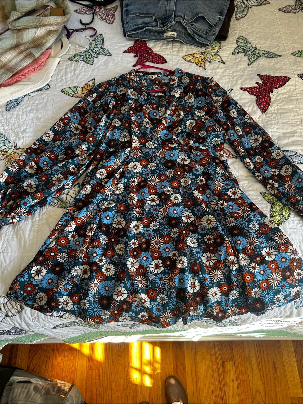 Umgee Blue, Rust & White Floral Long-Sleeve Dress